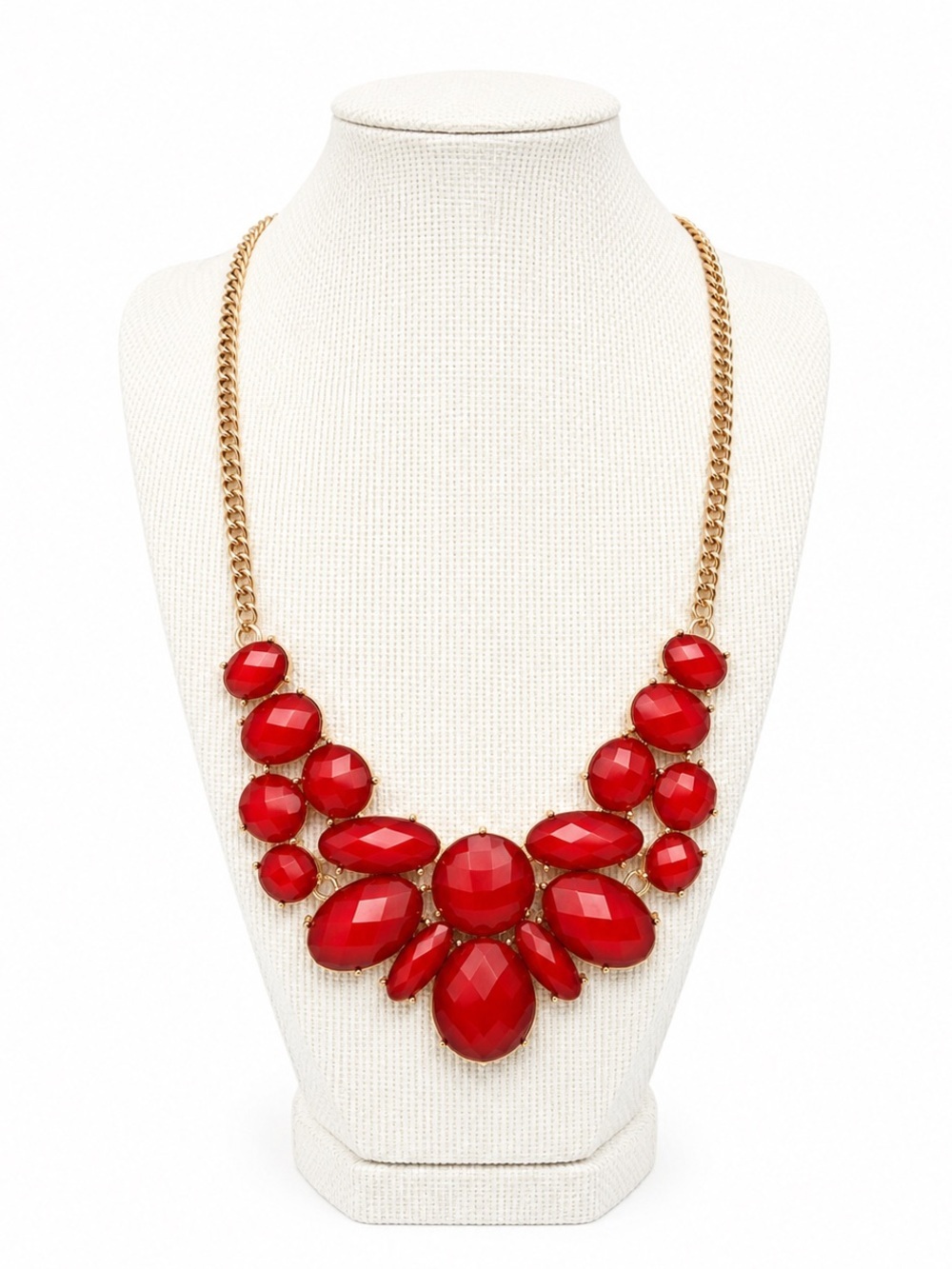 Red Faceted Statement Bib Necklace Gold Tone Bold Chunky Cocktail Jewelry